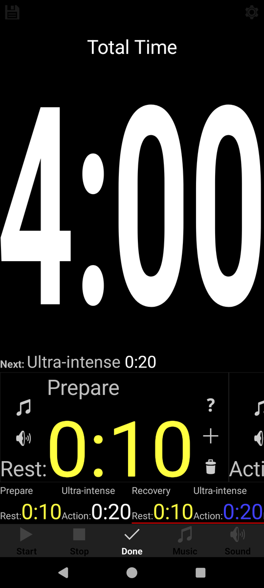The edit screen with a sequence of action and rest blocks
