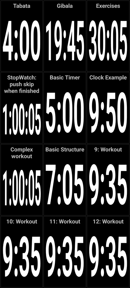 The preset window: a grid of tiles, each with a workout name and its total time