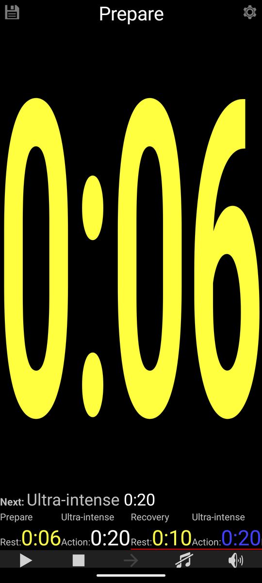 A running timer showing the block Prepare with 0:06 left in yellow
